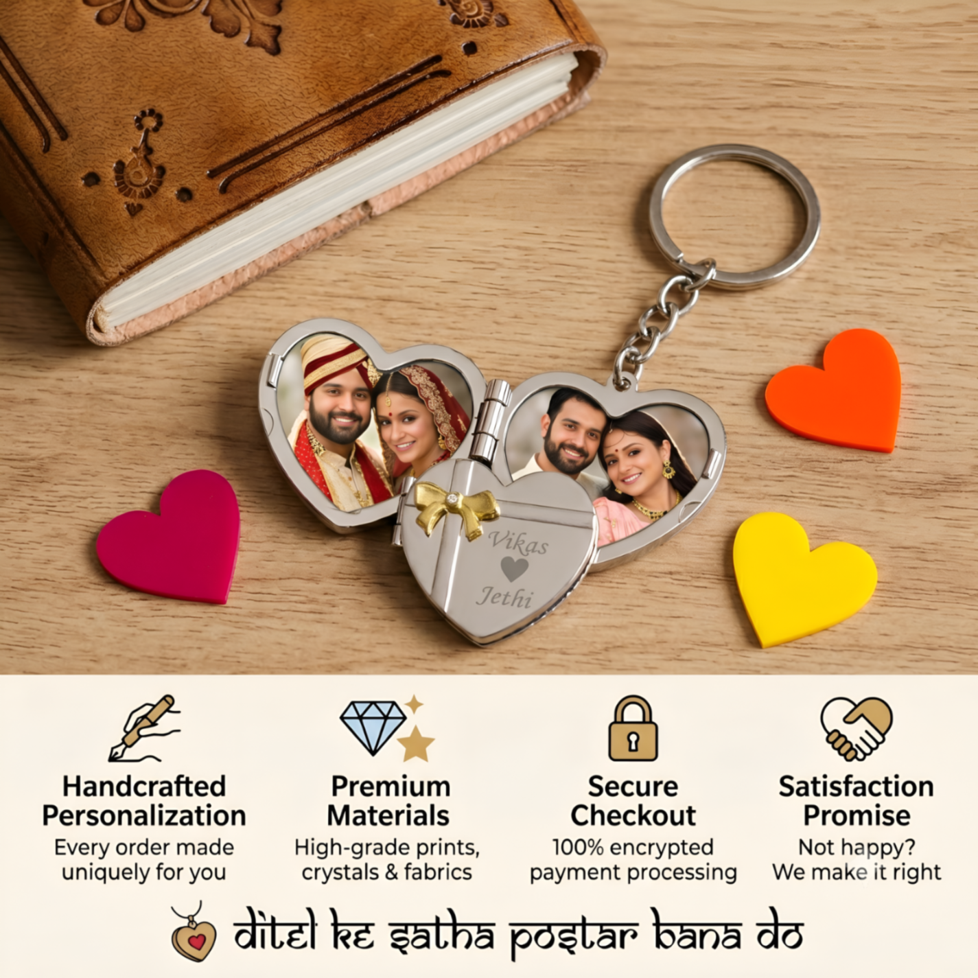 K19  2 Side Metal Heart Sep Book Romantic Personalized Photo Keychain