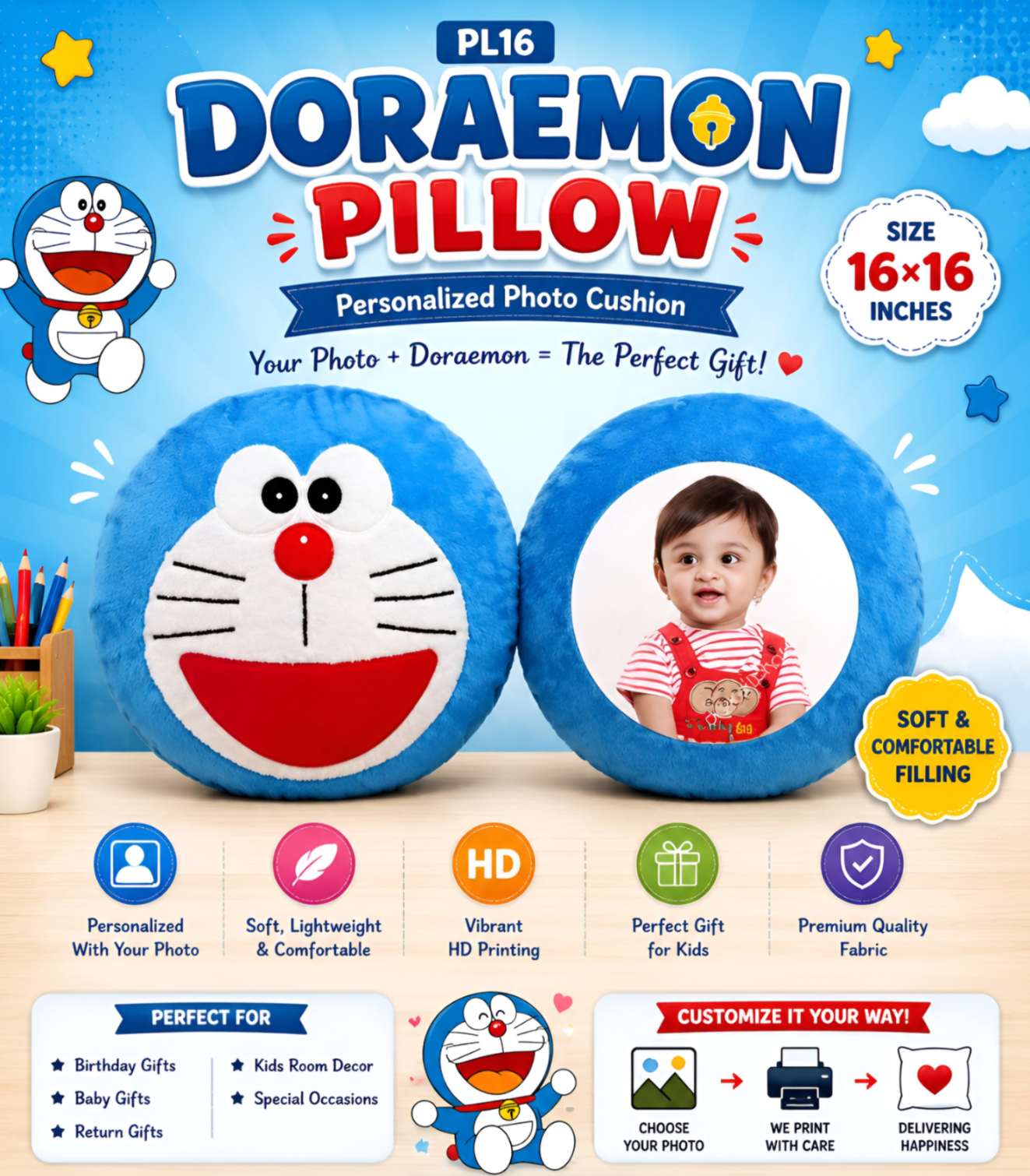 PL16 Doraemon Pillow 16x16